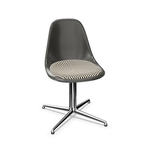Vitra Eames Fiberglass DSL Eetkamerstoel met Zitkussen in Olifantenleer Grijs/geruit/ Chroom.