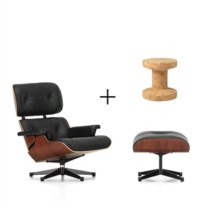 Vitra Eames Fauteuil Santos Palissander/ Zwart Leer Met Poef + Kurken Family Kruk Model B