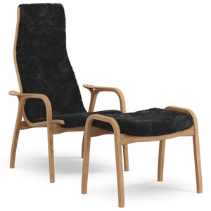 Swedese Lamino Fauteuil met Voetenbankje, Hoog Geolied Eikenhout/ Zwart/schapenvacht