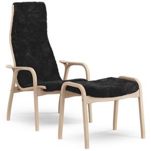 Swedese Lamino Fauteuil met Voetenbankje Hoog Gelakt Beukenhout/eiken/ Zwart/schapenvacht
