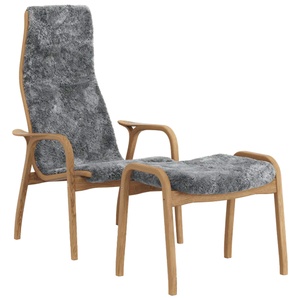 Swedese Lamino Fauteuil met Voetenbankje, Hoog Geolied eiken/Scandinavisch Grijs/schapenvacht