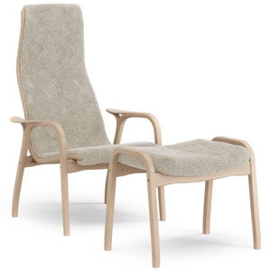 Swedese Lamino Fauteuil met Voetenbankje Hoog Gelakt Beukenhout Eiken/moonlight/schapenvacht