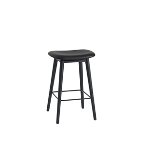 Muuto Fiber Barkruk M. Houten Lampenvoet Leer Gestoffeerd Zwart/ Zwart H66 cm