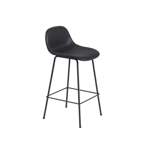 Muuto Fiber Barkruk M. Tube Lampenvoet en Rugleuning Leer Gestoffeerd Zwart/ Zwart H87.5 cm
