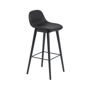 Muuto Fiber Barkruk M. Houten Lampenvoet En Rugleuning Leer Gestoffeerd Zwart H97.5 cm